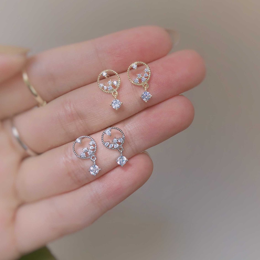 Anting Tusuk Gantung Bahan Sterling Silver 925 + Titanium Steel Hias Zircon Gaya Korea / Simple Untuk Wanita