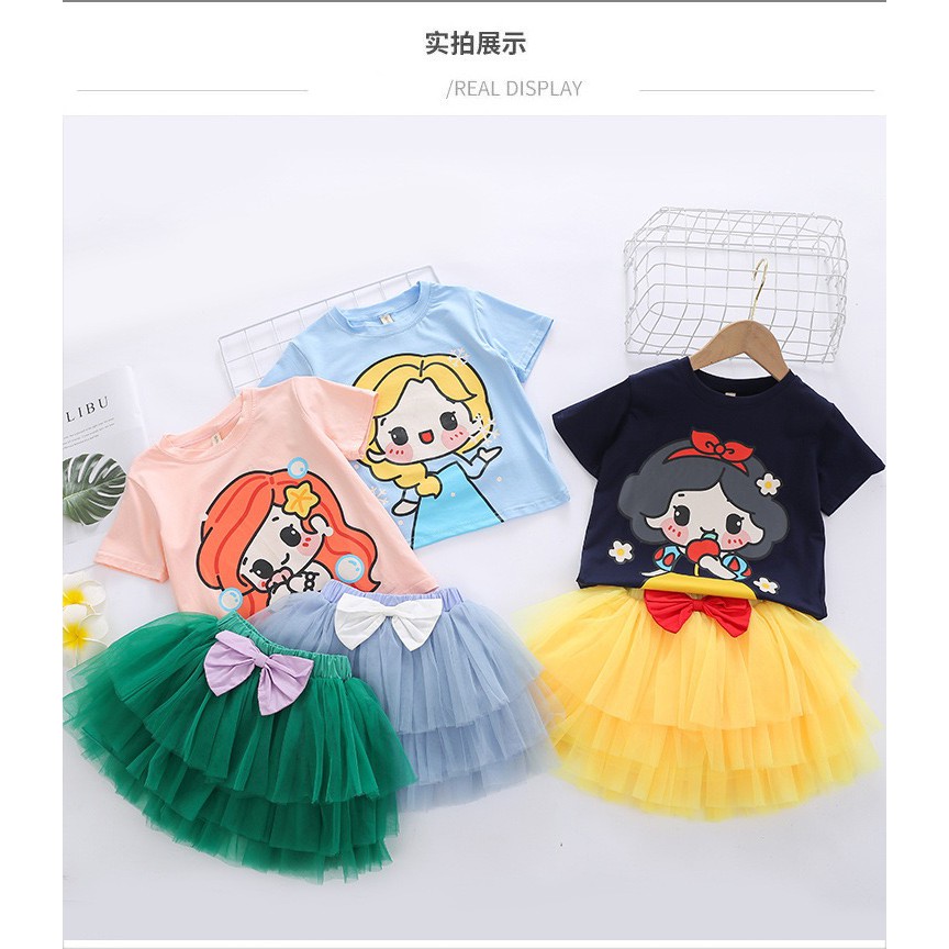 Setelan Anak Perempuan Kaos dan Rok Tutu Pita Princess Frozen Elsa Ariel Mermaid Snow White Import