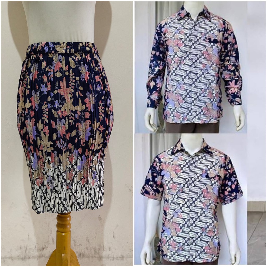 SB Collection Couple Rok Plisket Raisya Pendek Midi Jumbo Dan Kemeja Batik Pria