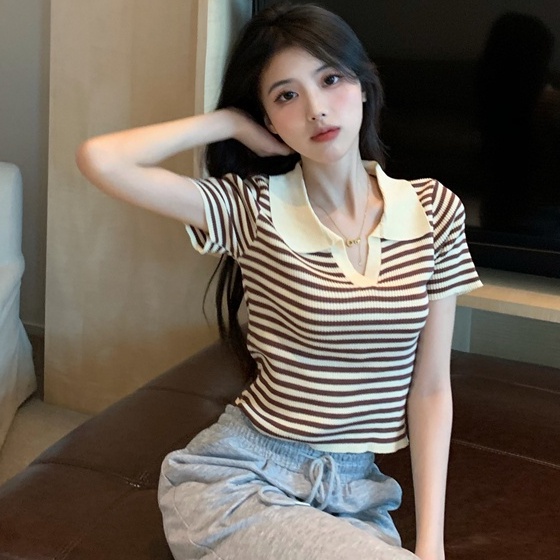 【Elegant】Vintagec Polo-neck Striped Short Sleeve Knitted T-shirts 7384