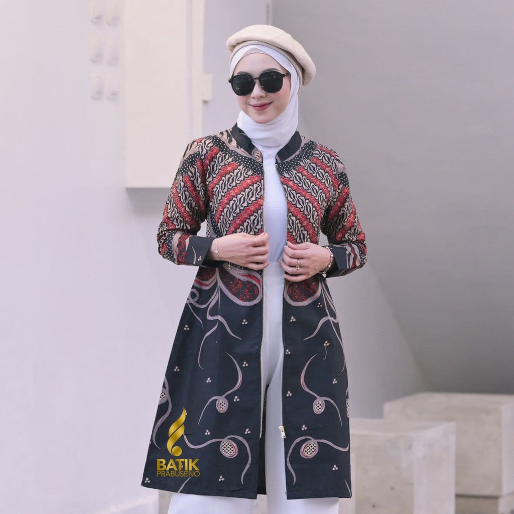 BAJU KEMEJA BATIK WANITA Prabuseno - Ulfa Hitam  Tunik Batik Wanita  Lengan Panjang