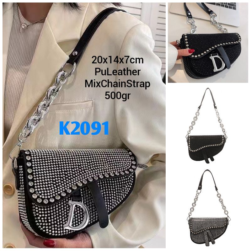 Gij. K2091  1kg2 RIVET DIAMOND STUD D SADDLE SLING BAG Tas Selempang Wanita Import Tas Fashion Korea