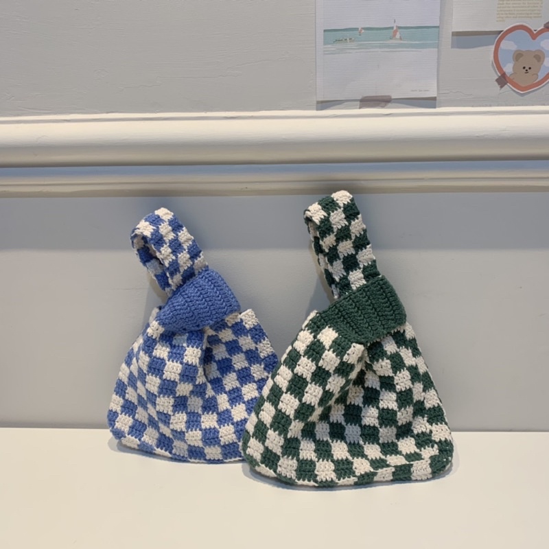 Checkered Crochet Knot Bag - tas rajut