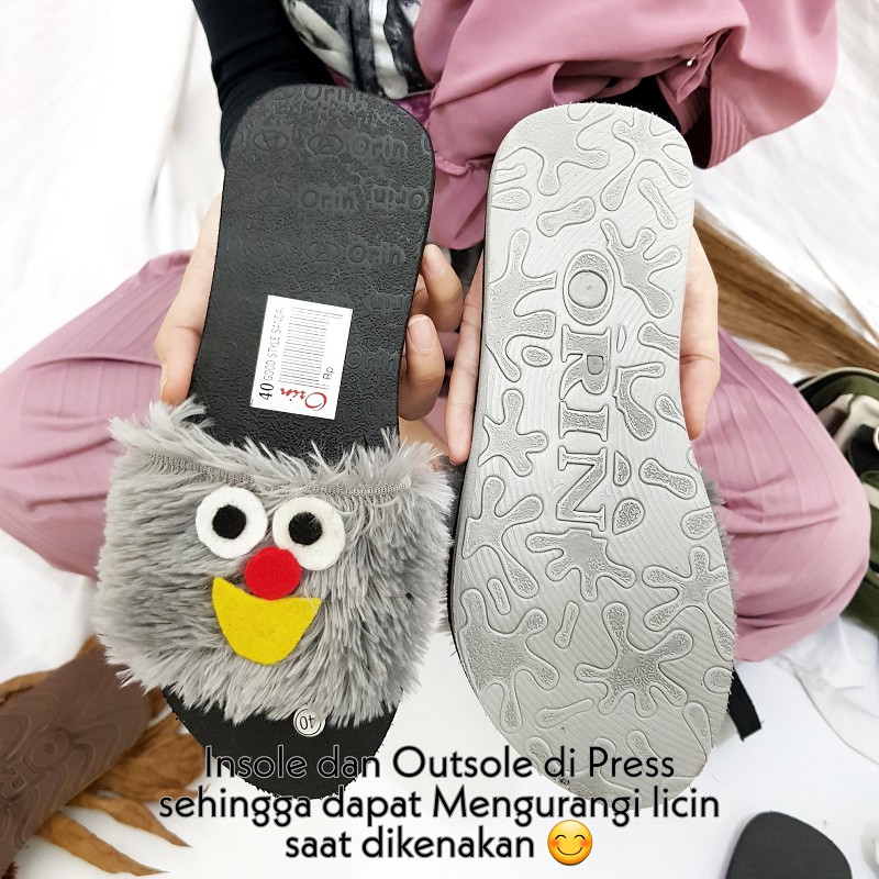 ORIN - Sandal Selop ELMO Bulu Two Tone Lucu / Sandal Teplek Kokop Rasfur Murah