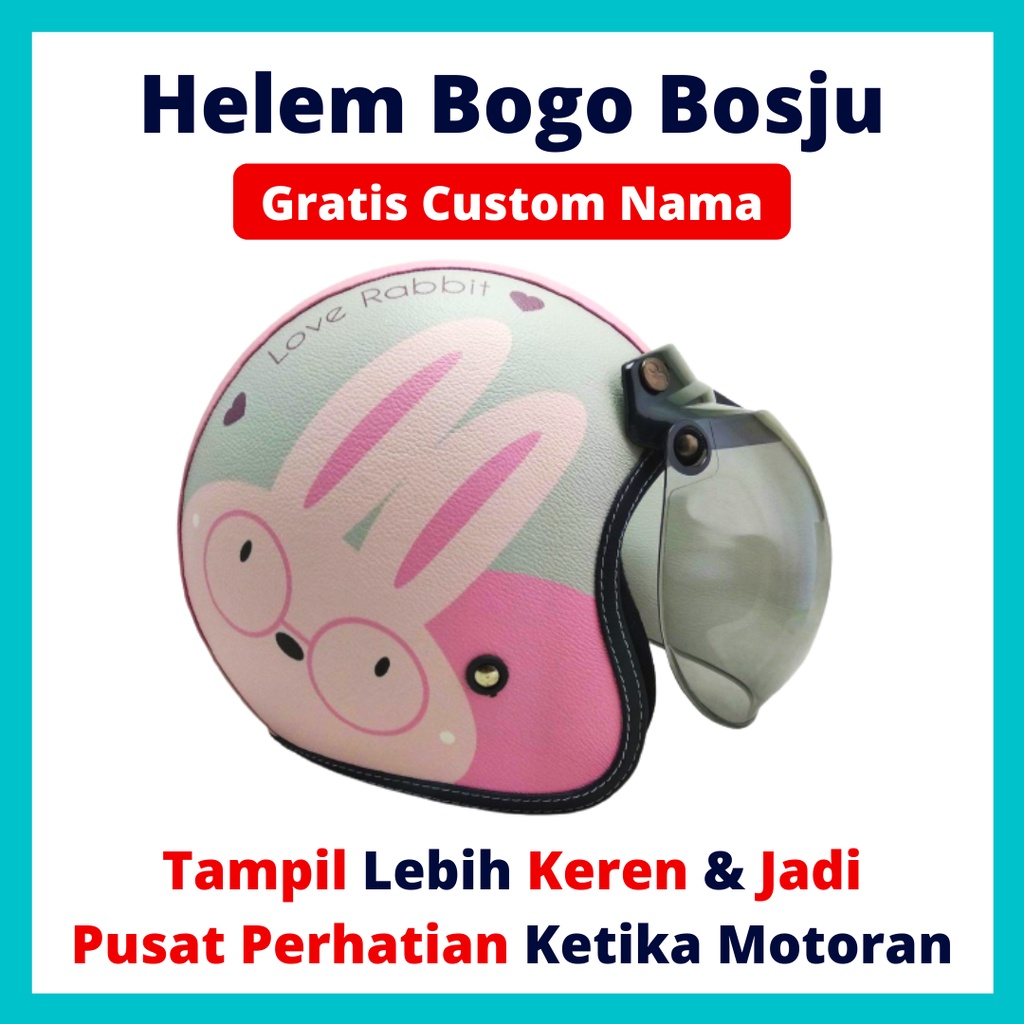 HELM BOGO RETRO KULIT WANITA DEWASA KACA DATAR CLASSIC MOTIF KELINCI PINK LUCU - HELEM BOGO BOSJU