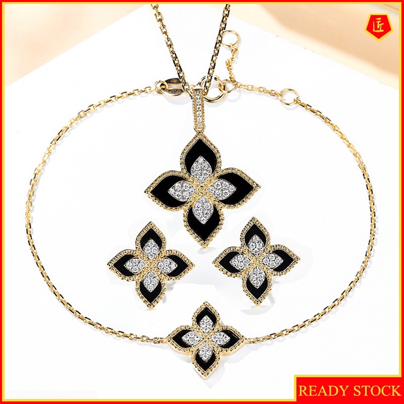 [Ready Stock]New 18K Gold Clover Ear Stud Black Agate Bracelet Necklace for Women