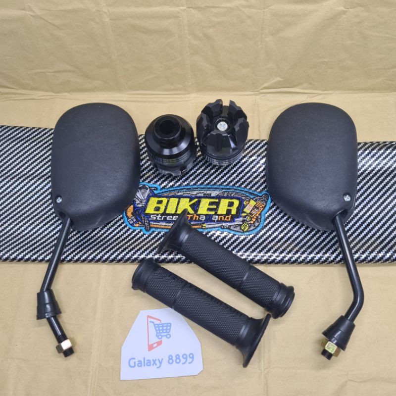 Kulit Jok Karbon Silver+Spion Mio standar hitam+Handgrip Yoshimura+Jalu As hitam