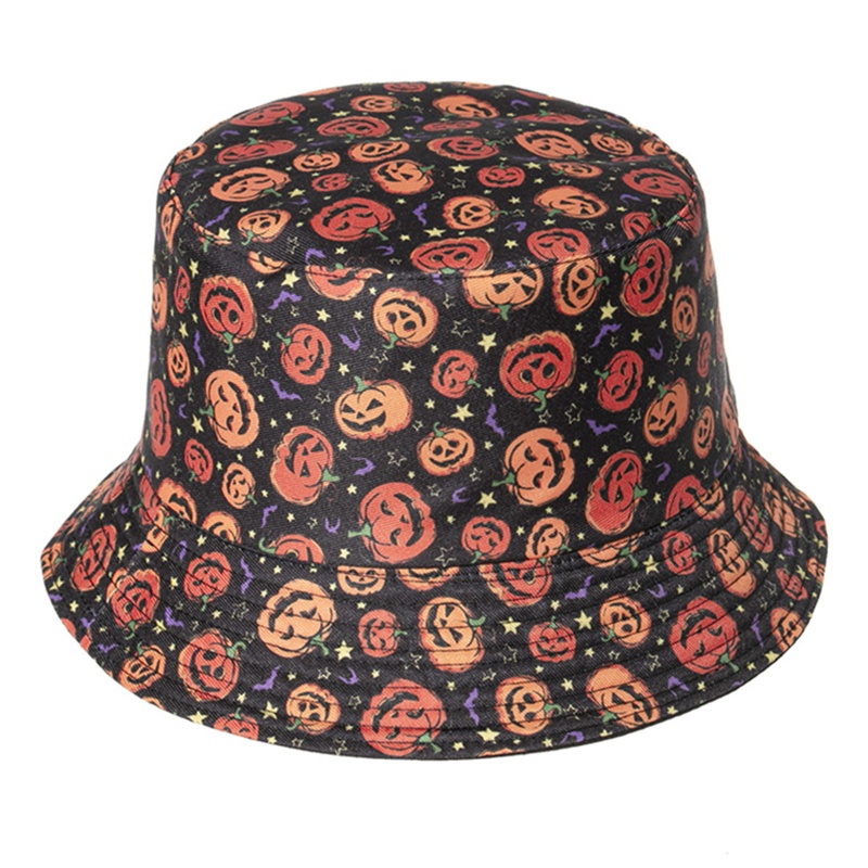 Topi Bucket Motif Print Labu Hantu Halloween Dapat Dibalik