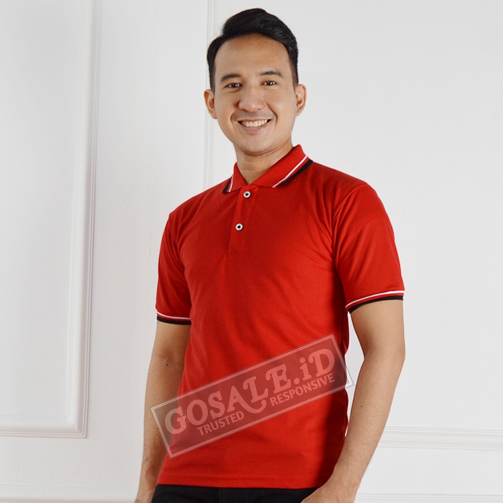 KAOS POLO SHIRT NC59 LAKOS TC MERAH CABE KERAH MERAH LIST HITAM PUTIH