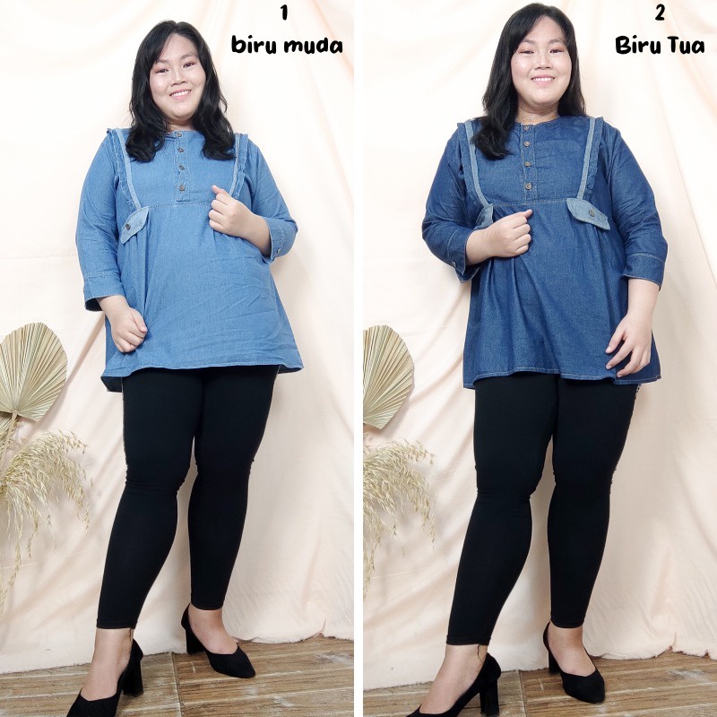 SB Collection Atasan Blouse Juita Jeans Jumbo Wanita All Size Tersedia Biru Tua dan Muda