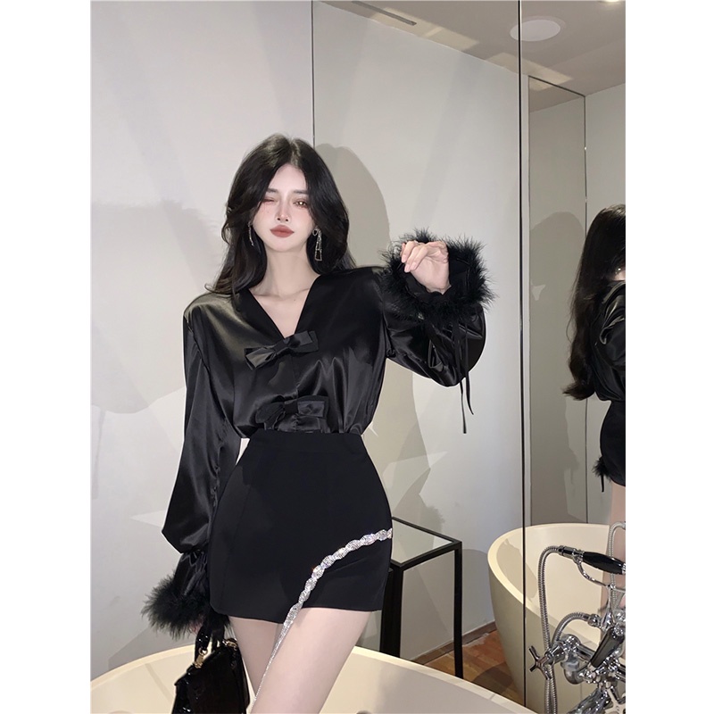 blouse korea kemej student loose v-neck bow lengan panjang kemeja kemeja top wanita