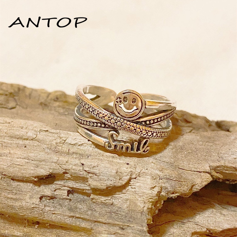 Smiley Surat Cincin Kepribadian Wanita Retro Pembukaan Adjustable Pasangan Cincin Perhiasan  ANTOP