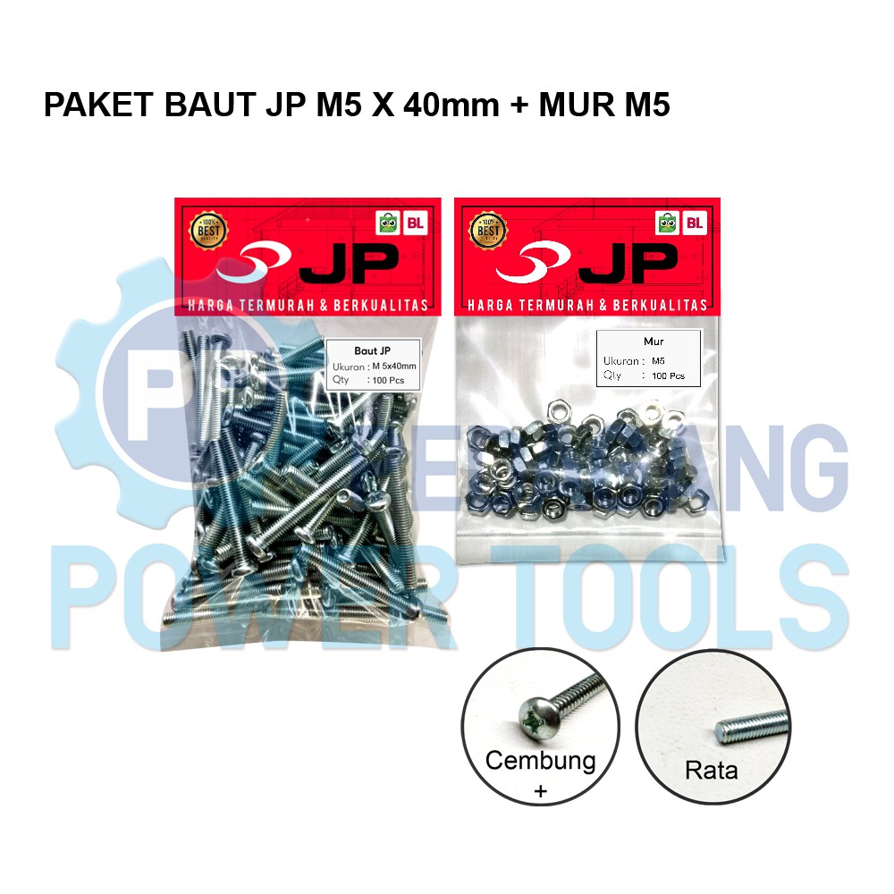 PAKET 2 SET BAUT MUR 5x40 BAUT JP M 5 x 40 MM MUR M5 SKRUP ISI 100 PCS