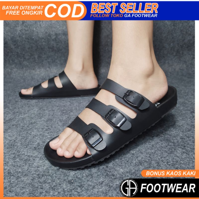 GA - porteno black / sandal kasual pria tali slop ( sendal kulit sintetis original )
