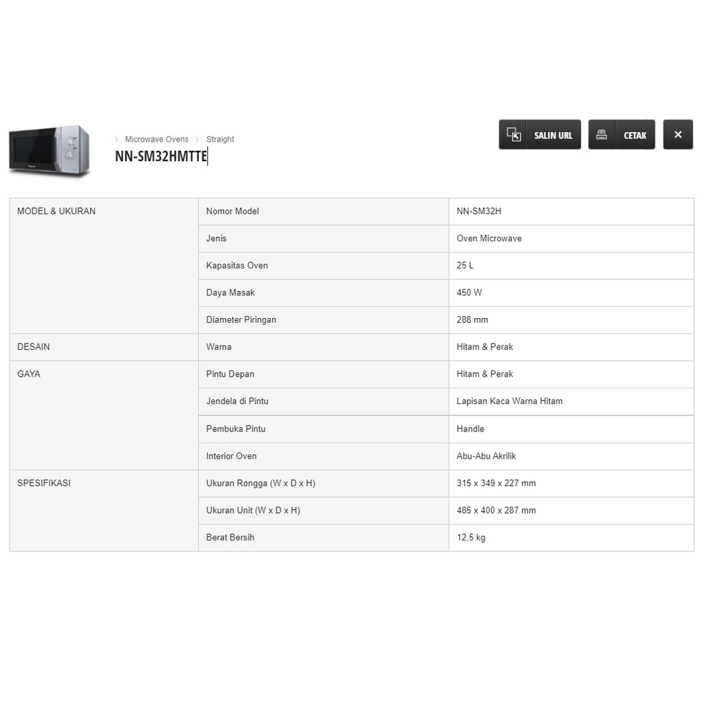 Microwave Oven Panasonic NNSM32HMTTE / NN-SM32HMTTE 25 Liter / NN-SM32HM Low Watt