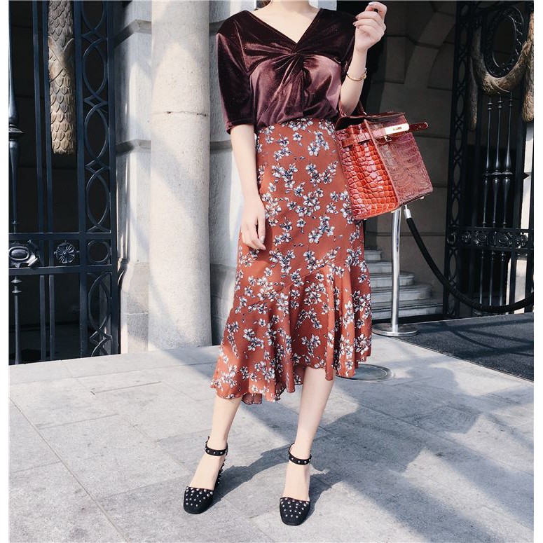 Rok Flare Panjang Import - 30914 Red Flower Fishtail Long Skirt