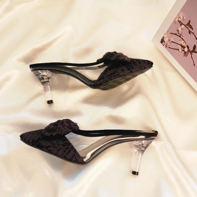 Arlaine- Imelda High Heels Wanita / Sepatu Heels Wanita / Heels Brukat Kaca / Heels 7cm / Heels Pesta / Selop Heels
