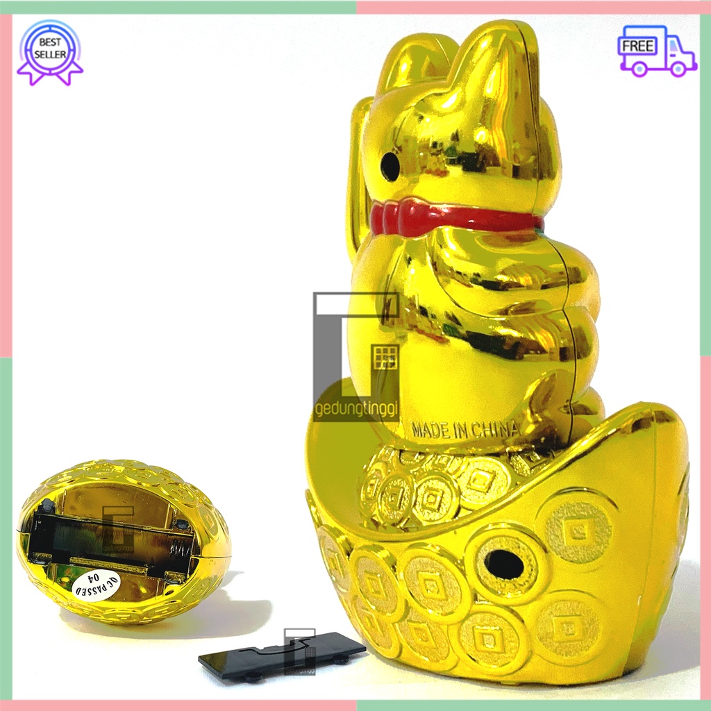 Patung Hiasan Dekorasi Boneka Pajangan Kucing Hoki Keberuntungan Lucky Cat Rejeki Maneki Neko Maneko Neki Emas Gold Tangan Gerak Goyang Baterai Batre Batrai Batrei Non Solar Listrik Cina China Jepang Meja Toko Kasir Size Ukuran Kecil Sedang Medium Besar