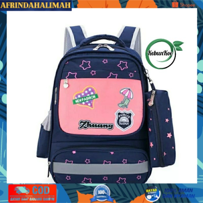 

[TERBARU] Tas Sekolah Anak Perempuan Model Zuang Set 2in1 Bonus Pouch Pensil - Merah Muda