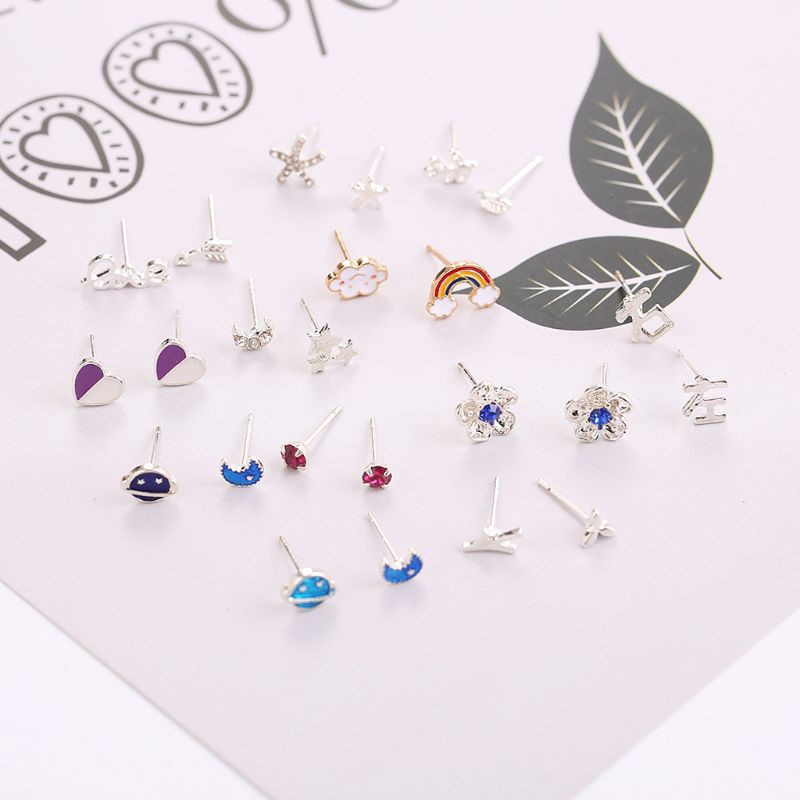 [12 Pairs Mixed Styles Rhinestone Geometric Moon Earth Stars Korean Studs Earrings Set] [Girls Simple Sweet Earrings ][ Korean INS Style Studs Earrings Party Ear Jewelry]