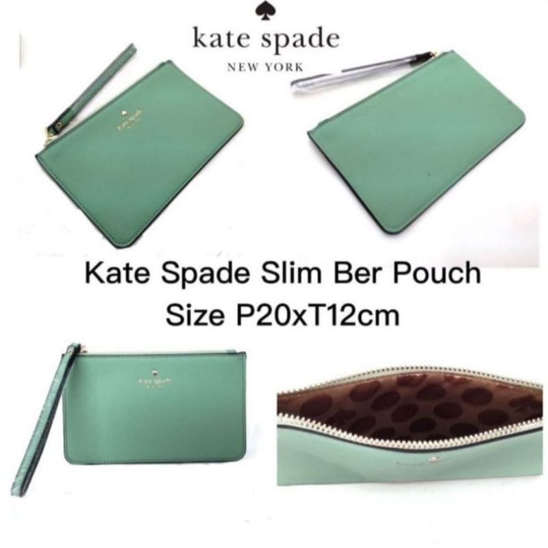 (ORIGINAL)  KATE SPADE WRISTLET Clutch Slim Bee with Logo  Pouch Soft Green