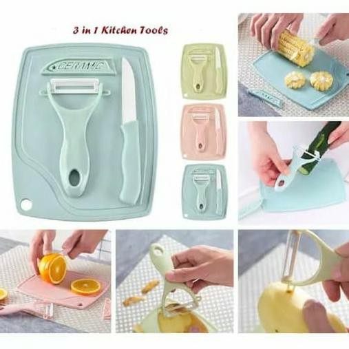 BISA COD Alat Mpasi Pisau Keramik Set + peeler + talenan (3 in 1) - Merah Muda TERPERCAYA Kode 1323
