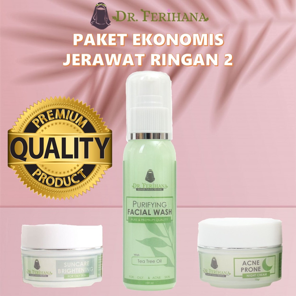 Paket Ekonomis Jerawat Ringan 2 dr. Ferihana Cosmetics &amp; Skincare Merupakan Paket Perawatan Wajah untuk Kulit Berjerawat dan Berminyak yang Terdiri dari Facialwash Krim Siang SPF 33 Krim Malam