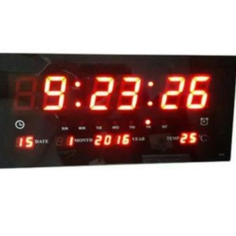 jam dinding digital LED Number Clock besar lengkap hari tanggal bulan tahun temperatur suhu derajat celcius S318 lampu led warna merah