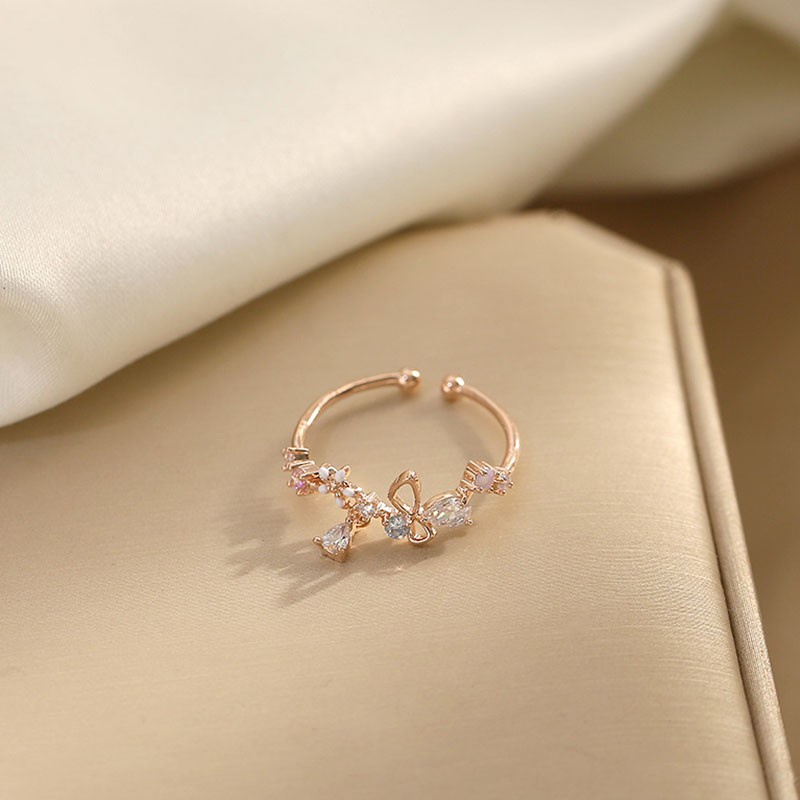 Cincin Model Terbuka Adjustable Desain Bunga Aksen Zircon Gaya Korea Untuk Wanita