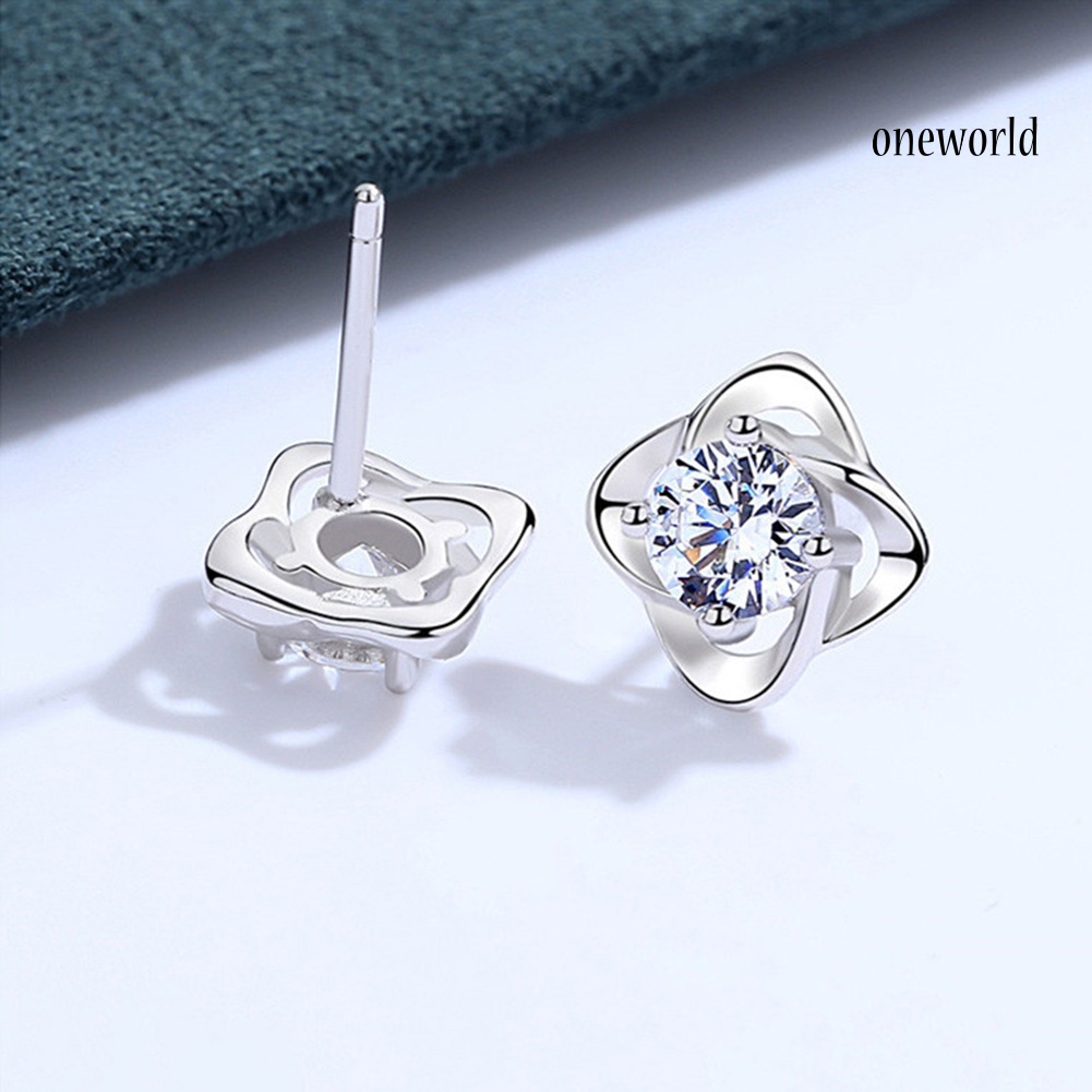 OW# Rhinestone Inlaid 4-Leaf Ear Stud Earrings Women Girl Jewelry Valentine Day Gift