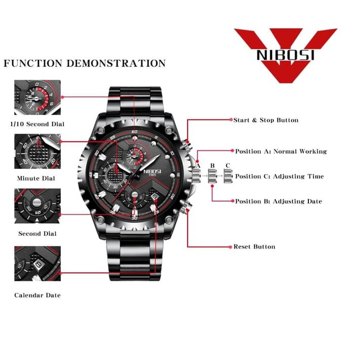 Jam Tangan Pria Original NIBOSI Chronograph 2322 Rantai Anti Air Black