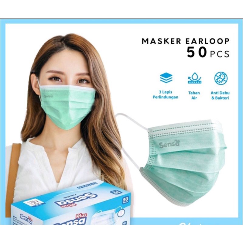 Masker sensa plus earlop 3ply isi50, warna hijau/Green