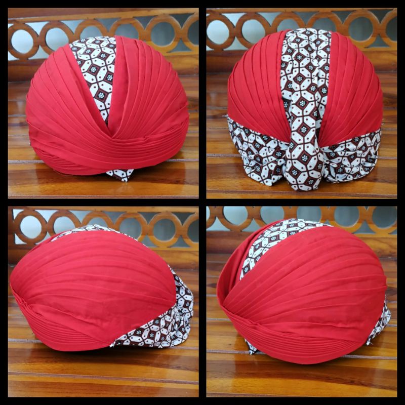 Blangkon Jogja Lipat Merah Kombinasi Batik Putih // Pria Dewasa dan Anak // Ukuran JUMBO dan KECIL