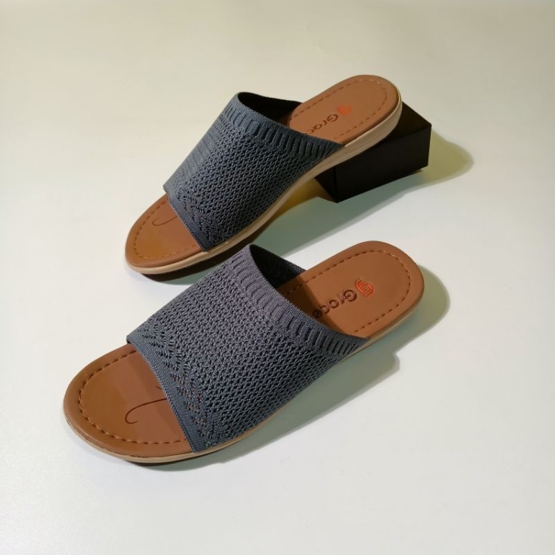 Grace(RJB 01)/Sandal Teplek Wanita Distro Selop Rajut elastis Flat/sandal slop karet rajut cewek Murah-ABU