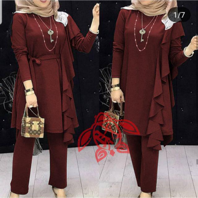 COD SETELAN WANITA NAURA /SETELAN TUNIK JUMBO /ONE SET POLOS/ SETELAN NUMBO / FASHION MUSLIM LAYER-Maroon