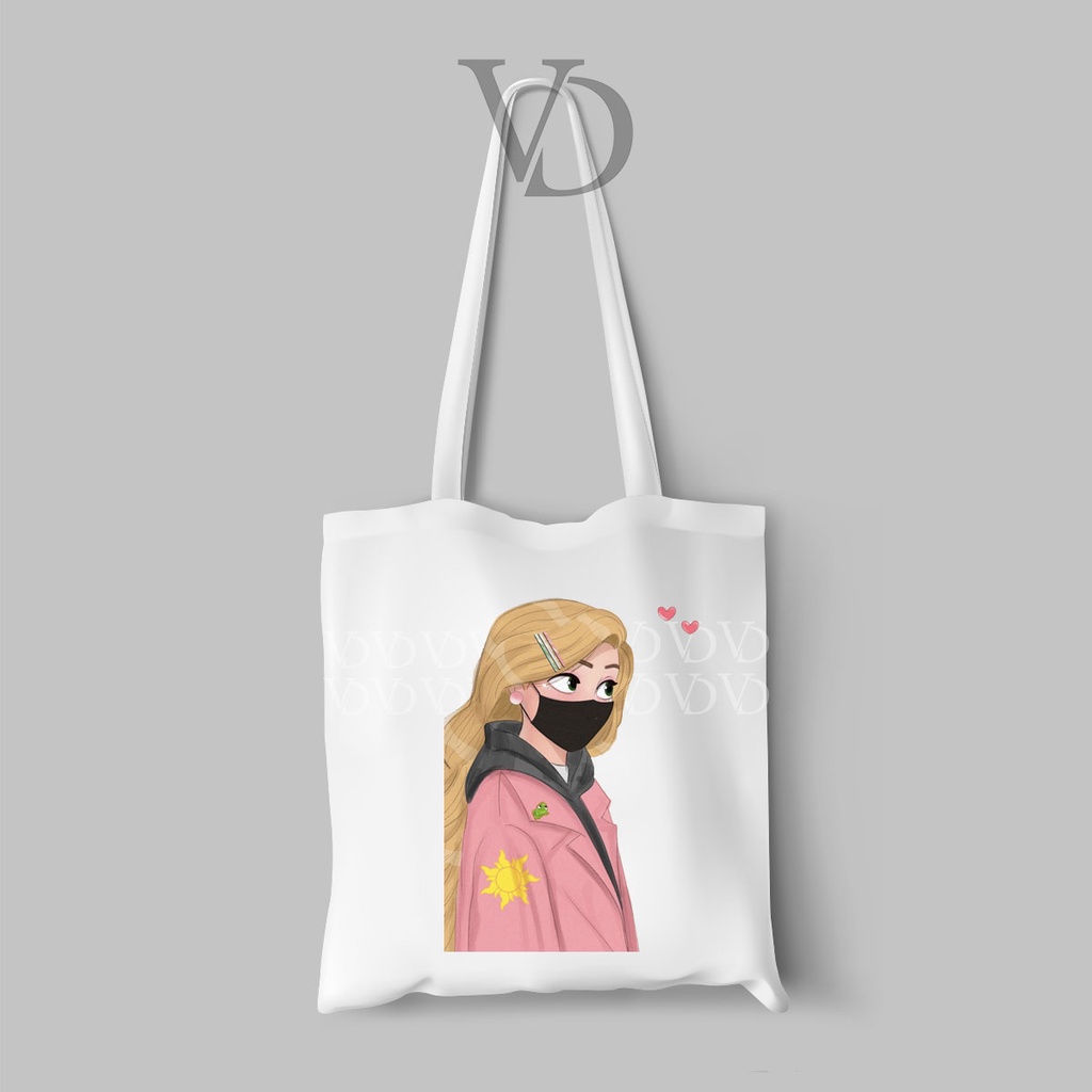 tote bag canvas disney wear mask / tas disney cute / totebag frozen elsa cinderella belle