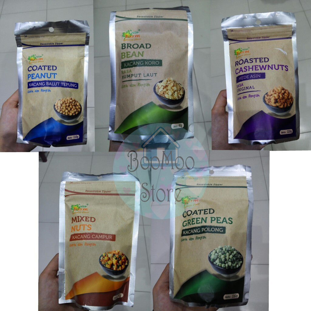 

Snack Green Farm Cashewnuts Kacang Mede - Koro Rumput Laut - Campur - Polong Original - Balut Tepung