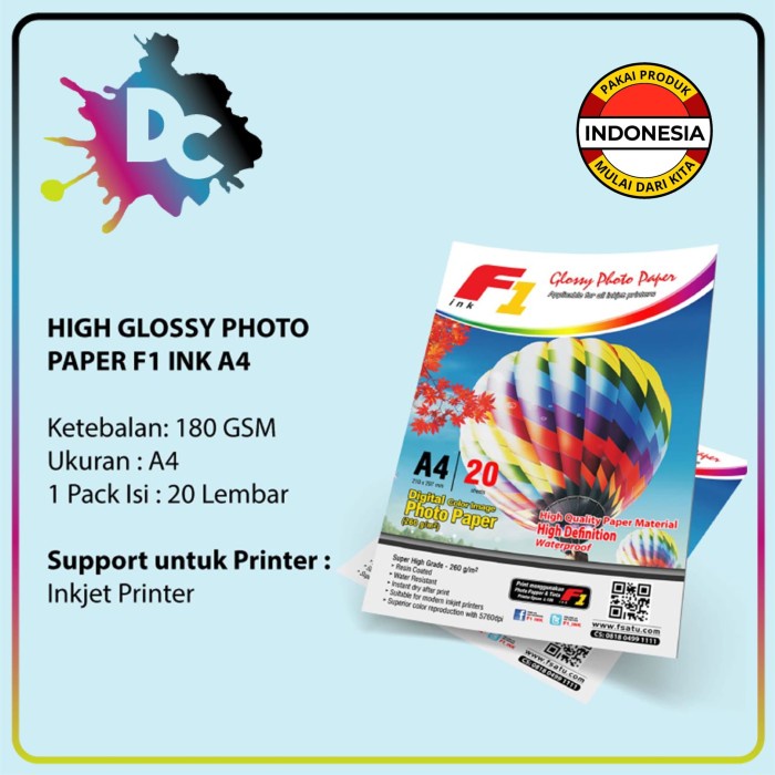 

Senikertas- Kertas Photo - High Glossy Photo Paper F1 Ink A4 180Gr -Kertas-Seni.