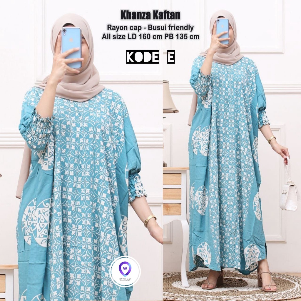 Khanza Kaftan Wanita Size Jumbo XXXXL Motif Batik Cap Encim Soft Color Busui Resleting Lengan 3/4 Rayon Tebal Gamis Arabian Kaftan