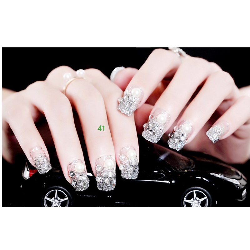 24PCS SILVER WEDDING FAKE NAILS KUKU PALSU PERNIKAHAN KUPAL PERKAWINAN RHINESTONE GLITTER FAKE NAILS