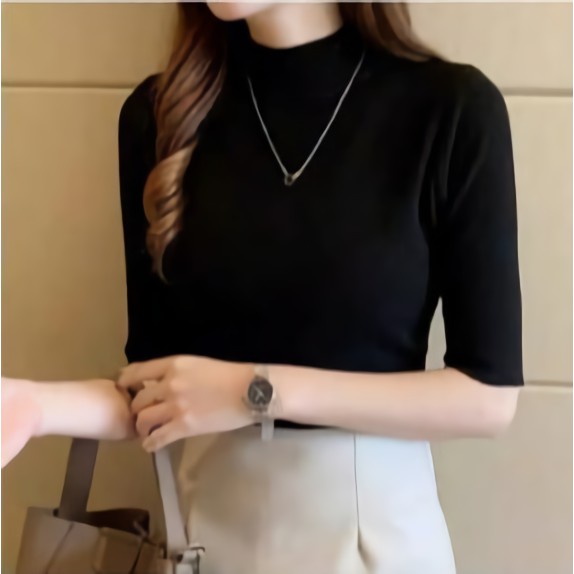 HOPYLOVY Blouse Rajut Turtleneck Wanita Lengan 3 per 4 Rafika-HITAM