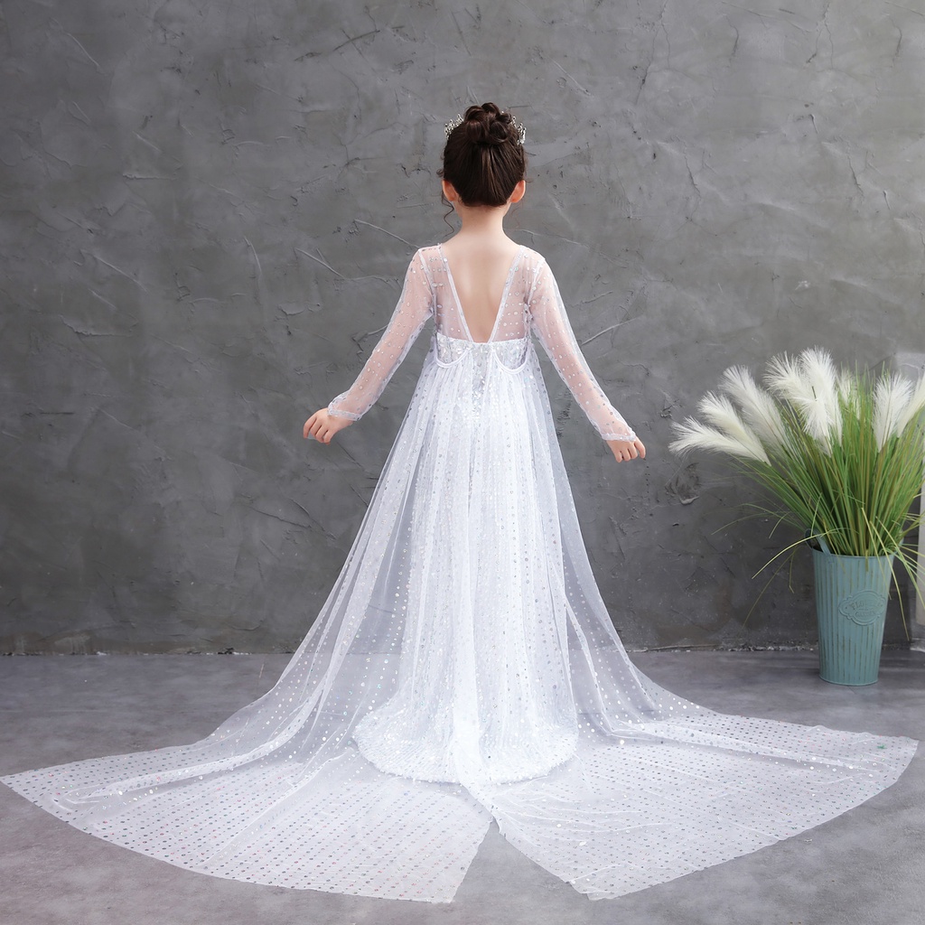 Putri Beku 2 Elsa Dress Gadis Gaun Gadis Kostum Gaun Berpayet Gaun Putih