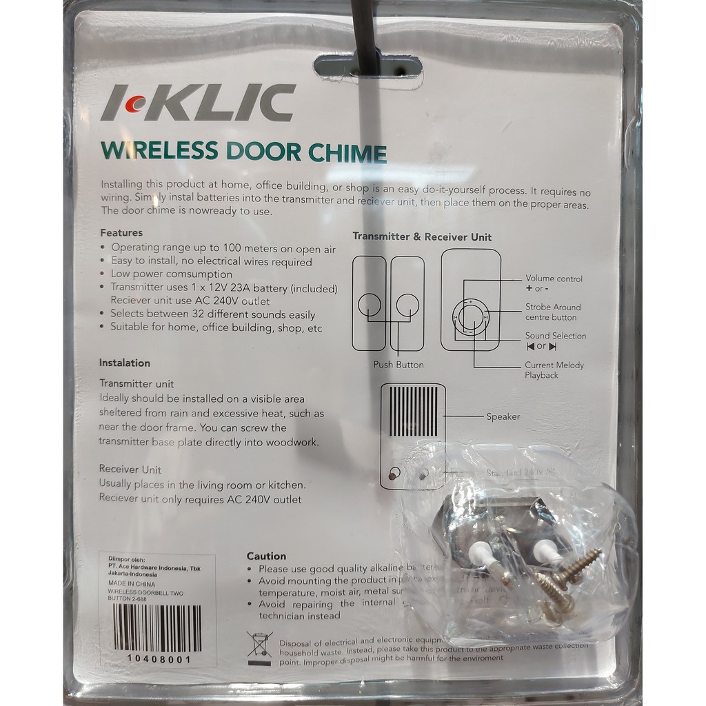 BEL PINTU 2 TRANSMITTER / I-KLICK NIRKABEL / LONCENG ELEKTRIK / WIRELLES DOORBELL TWO BUTTON