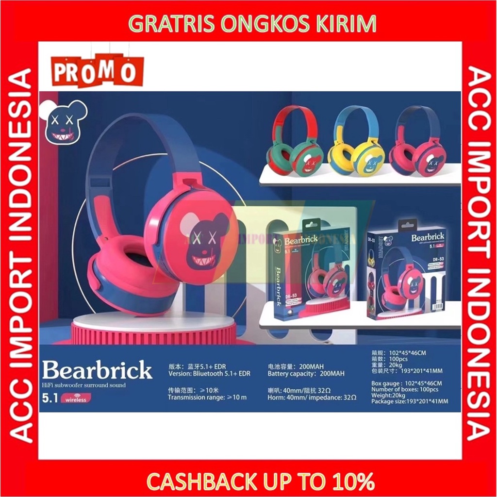 Bearbrick Headphone Bando Headset Bluetooth Karakter Lucu With Mic