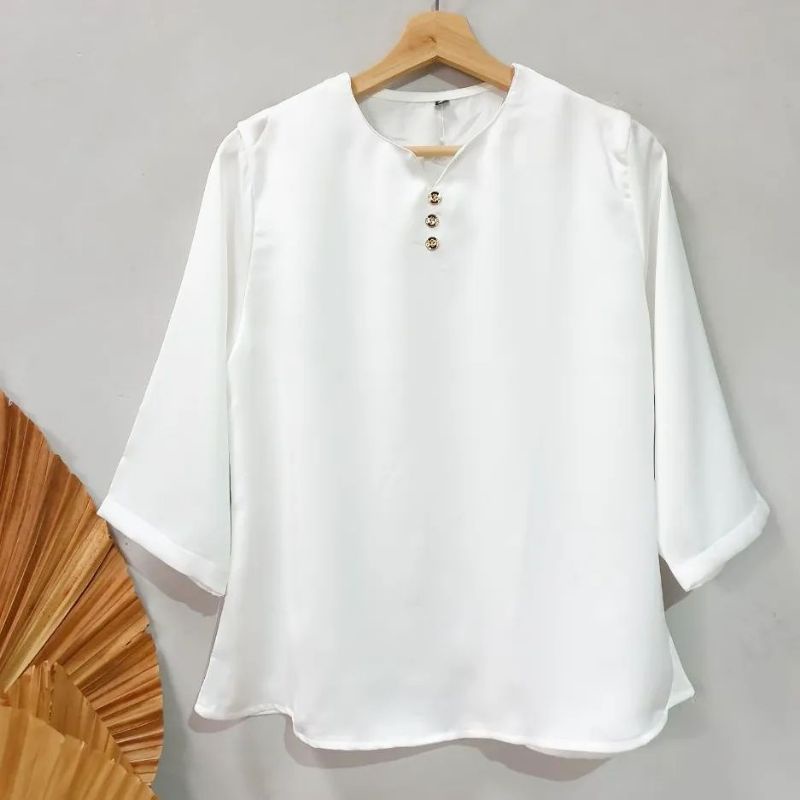 SHERATON LENGAN 3/4 V NECK WHITE BLOUSE /BUNGA SAKURA KYOTO FLOWER - DELIGHTLINE ATASAN VNECK WANITA-XXL-WHITE POLOS