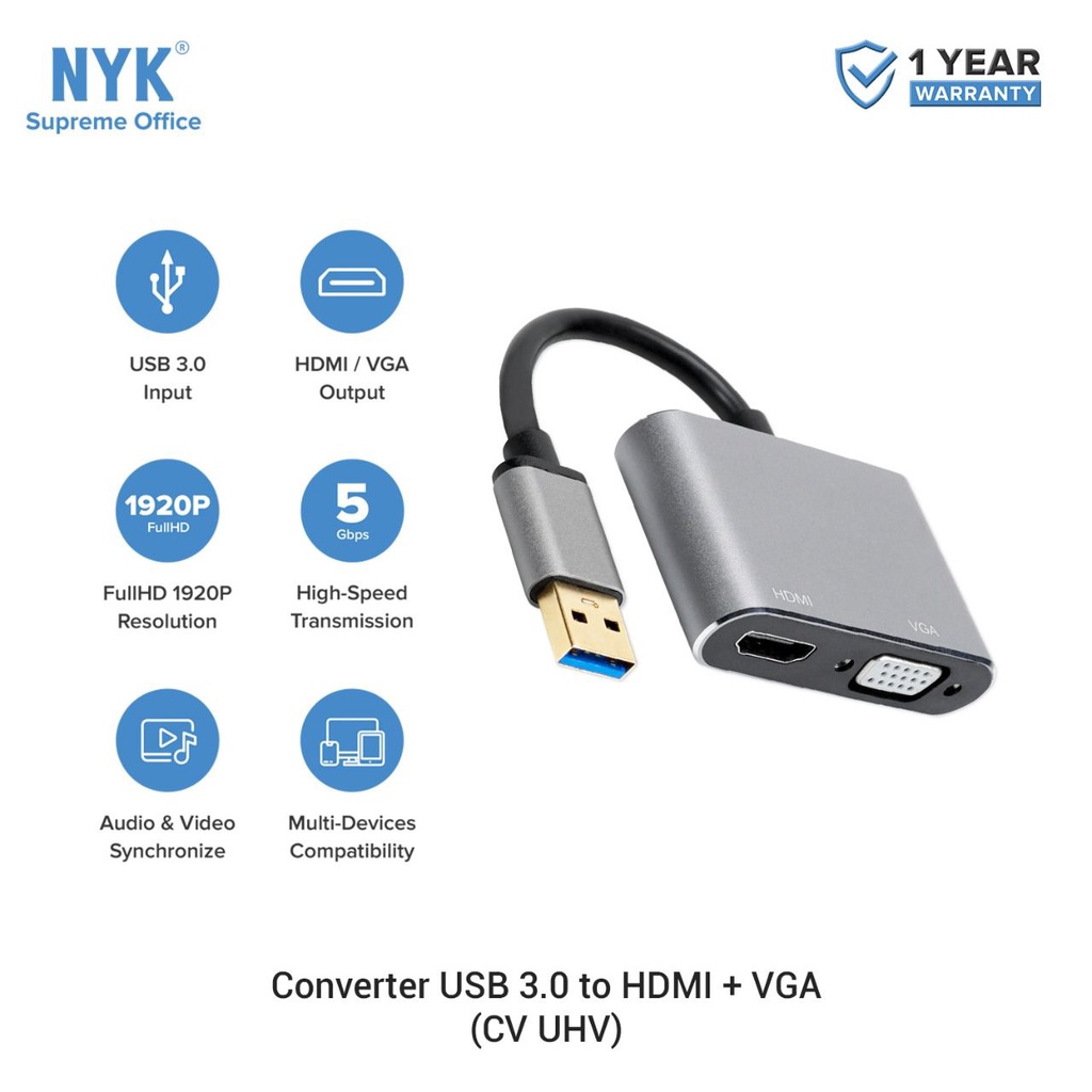 NYK USB 3.0 to HDMI and VGA Display Adapter Converter 2 in 1