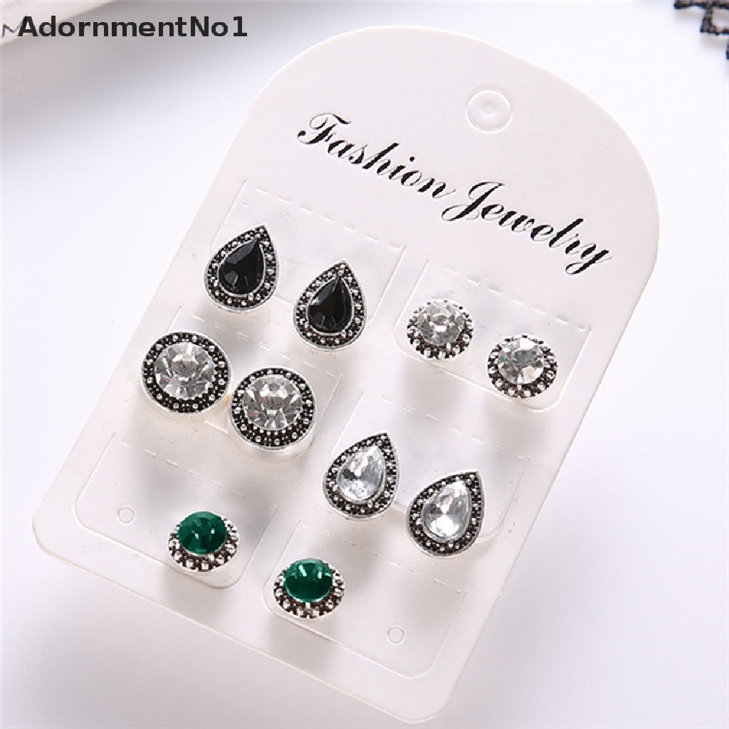 (AdornmentNo1) 5 Pasang / Set Anting Tusuk Gaya Boho Bentuk Tetesan Air Aksen Kristal + Berlian Imitasi Untuk Perhiasan Wanita