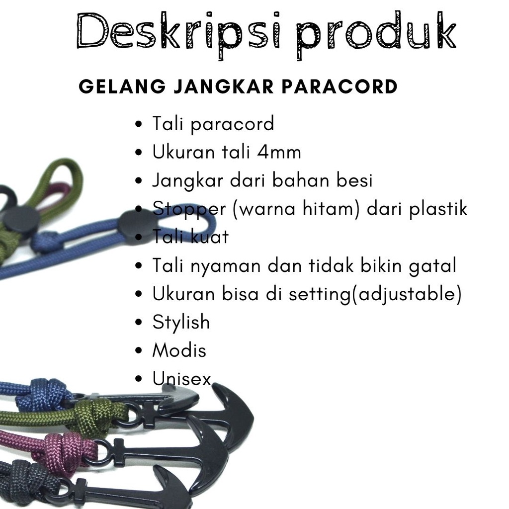 Gelang Pria Jangkar Hitam Paracord 4mm Premium Rangkap Satu Murah