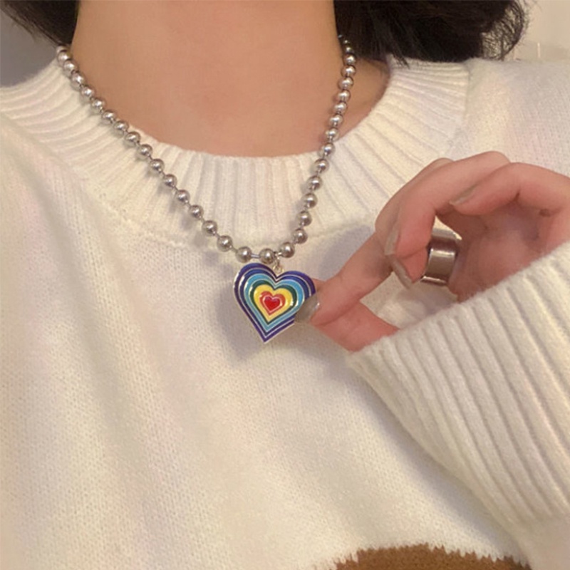 KALUNG TITANIUM WANITA KOREA LIONTIN MOTIF LOVE RAINBOW FASHION AKSESORIS PERHIASAN ANTI KARAT KLG42