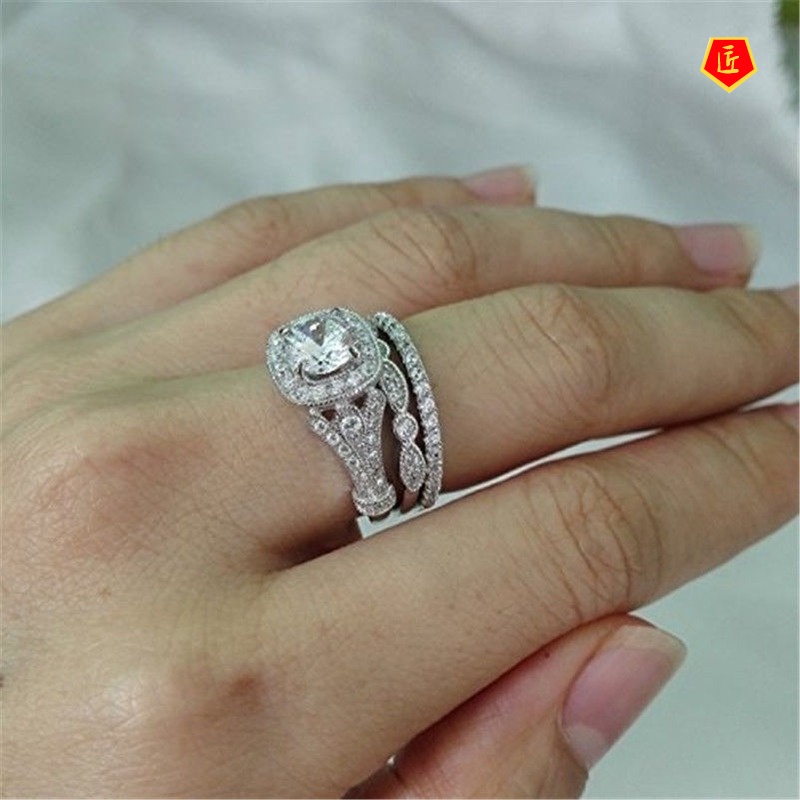 [Ready Stock]Topaz Full Diamond Three Ring Set Luxury Fashion Elegant